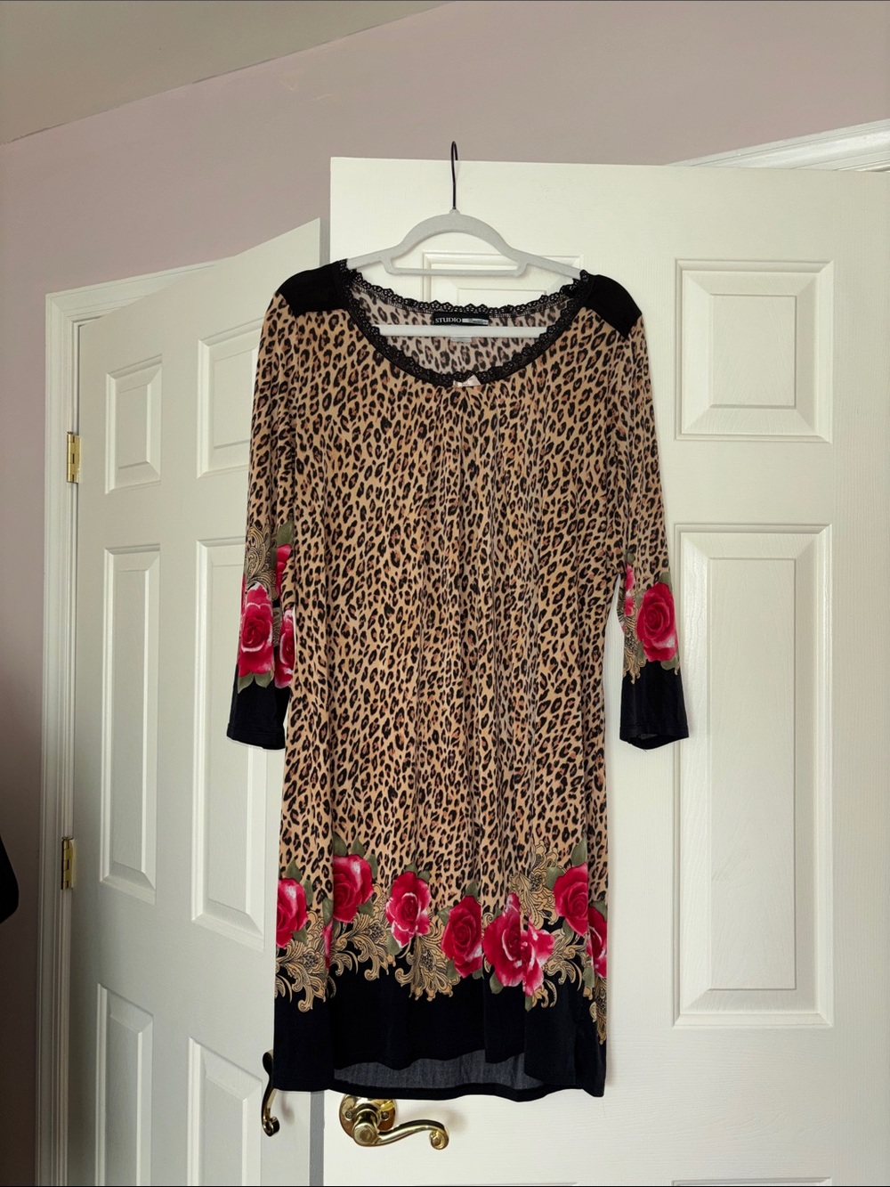 Studio Donatella Cheetah Animal & Floral Print Quarter Sleeve Chemise Dress M